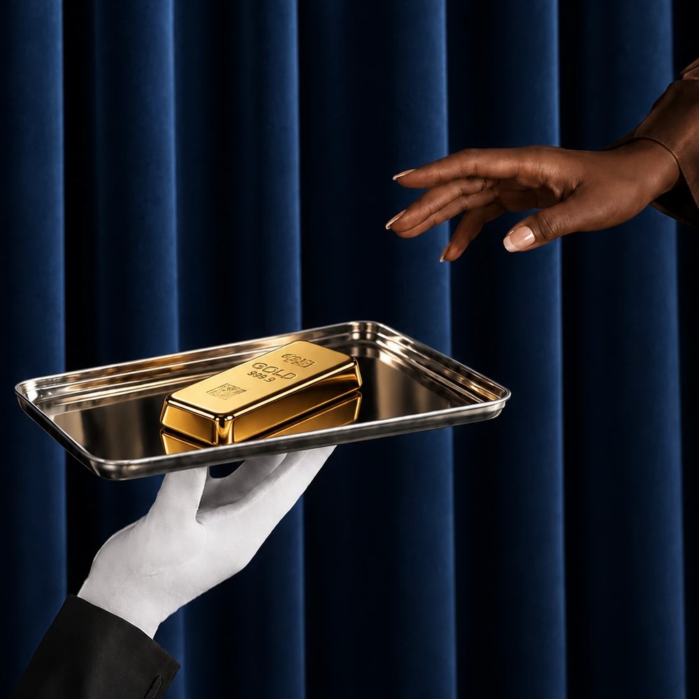 A gloved hand presents a gold bar on a silver tray