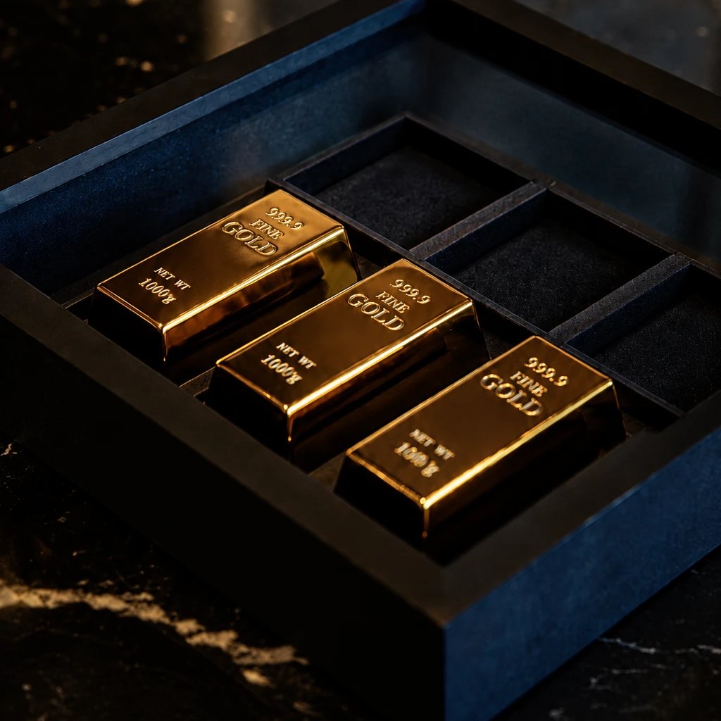 Gold bars resting in a velvet-lined vault drawer